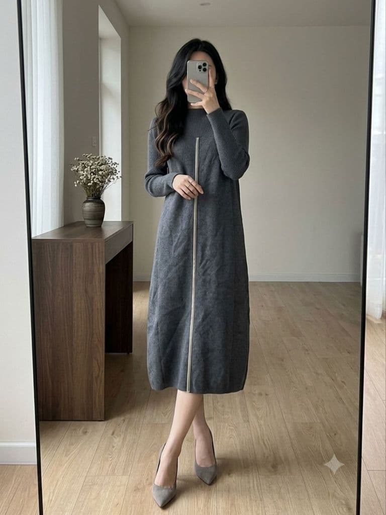 [2hand] Đầm len lông xù dặm xám phối sọc lụa xẻ tà giữa cúc sau gáy dáng suông dày freesize