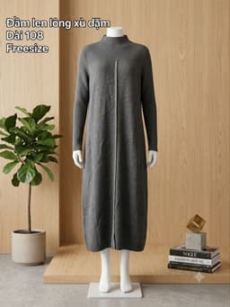 [2hand] Đầm len lông xù dặm xám phối sọc lụa xẻ tà giữa cúc sau gáy dáng suông dày freesize 2