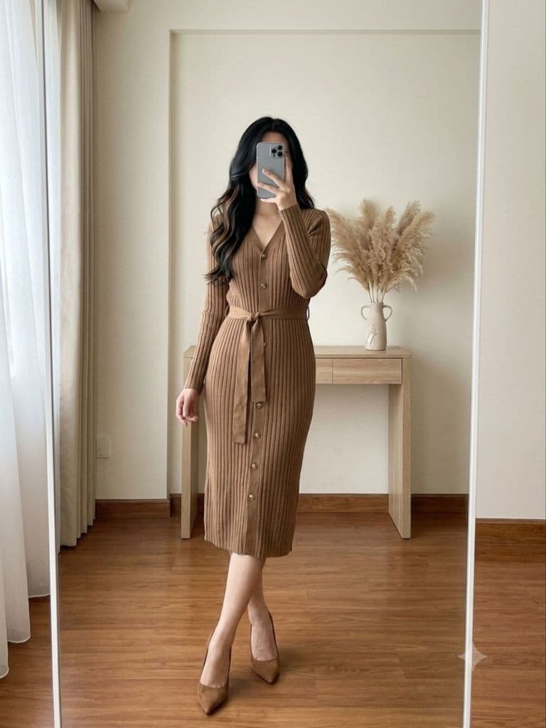[2hand] Đầm len gân nâu tây cúc dọc kèm đai freesize mặc được khoác được