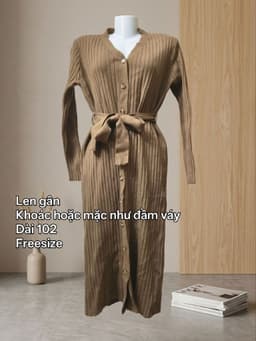[2hand] Đầm len gân nâu tây cúc dọc kèm đai freesize mặc được khoác được 2