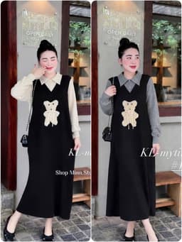 <Đầm bầu Quynhanhhouse> (QC) #108 Váy len gấu 2 màu be/ghi freesize 1