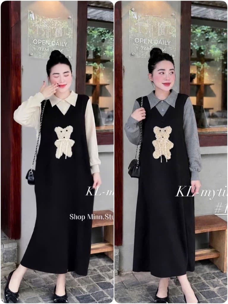 <Đầm bầu Quynhanhhouse> (QC) #108 Váy len gấu 2 màu be/ghi freesize