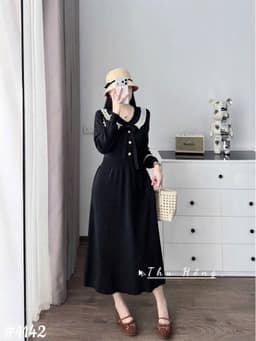 <Đầm bầu Quynhanhhouse> (QC) #1142 Váy pha ren đính nơ tay Free sz ghi/đen Bầu bí bon chen 4