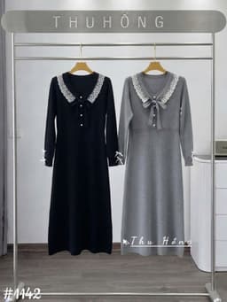 <Đầm bầu Quynhanhhouse> (QC) #1142 Váy pha ren đính nơ tay Free sz ghi/đen Bầu bí bon chen 9