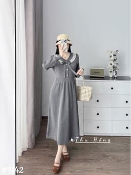 <Đầm bầu Quynhanhhouse> (QC) #1142 Váy pha ren đính nơ tay Free sz ghi/đen Bầu bí bon chen 5