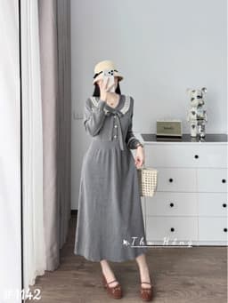 <Đầm bầu Quynhanhhouse> (QC) #1142 Váy pha ren đính nơ tay Free sz ghi/đen Bầu bí bon chen 7