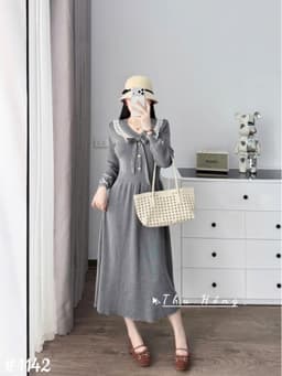 <Đầm bầu Quynhanhhouse> (QC) #1142 Váy pha ren đính nơ tay Free sz ghi/đen Bầu bí bon chen 8