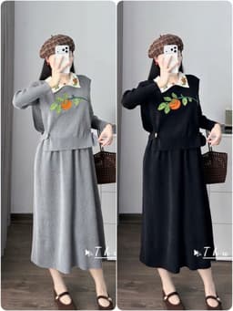 <Đầm bầu Quynhanhhouse> #7012 Set váy polo kèm gile bí ngô Free sz đen/ghi Bầu bí bao xinh 1