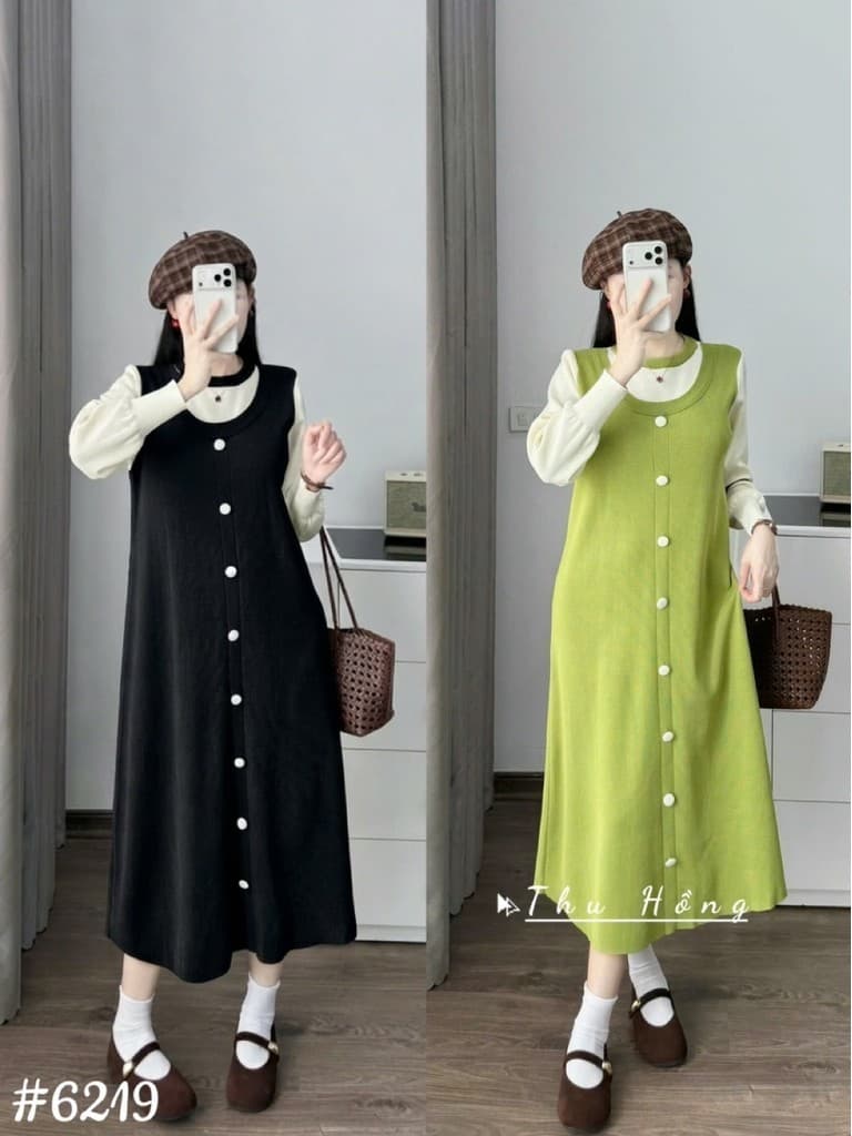 <Đầm bầu Quynhanhhouse> #6219 Váy pha tay be khuy trắng Free sz đen/xanh Bầu bí bao xinh