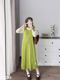 <Đầm bầu Quynhanhhouse> #6219 Váy pha tay be khuy trắng Free sz đen/xanh Bầu bí bao xinh 5