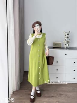 <Đầm bầu Quynhanhhouse> #6219 Váy pha tay be khuy trắng Free sz đen/xanh Bầu bí bao xinh 7