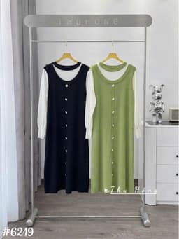 <Đầm bầu Quynhanhhouse> #6219 Váy pha tay be khuy trắng Free sz đen/xanh Bầu bí bao xinh 6