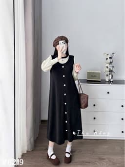 <Đầm bầu Quynhanhhouse> #6219 Váy pha tay be khuy trắng Free sz đen/xanh Bầu bí bao xinh 9