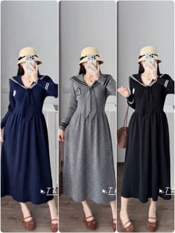 <Đầm bầu Quynhanhhouse> #1138 Váy thuỷ thủ huy hiệu Free sz ghi/đen/than Bầu bí bao xinh 1