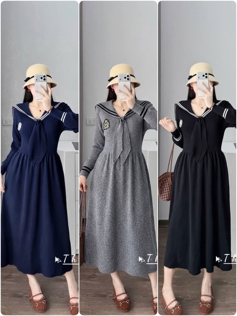 <Đầm bầu Quynhanhhouse> #1138 Váy thuỷ thủ huy hiệu Free sz ghi/đen/than Bầu bí bao xinh