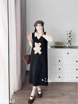 <Đầm bầu Quynhanhhouse> (QC) #108 Váy len gấu 2 màu be/ghi freesize 3