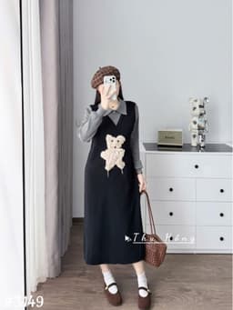 <Đầm bầu Quynhanhhouse> (QC) #108 Váy len gấu 2 màu be/ghi freesize 8