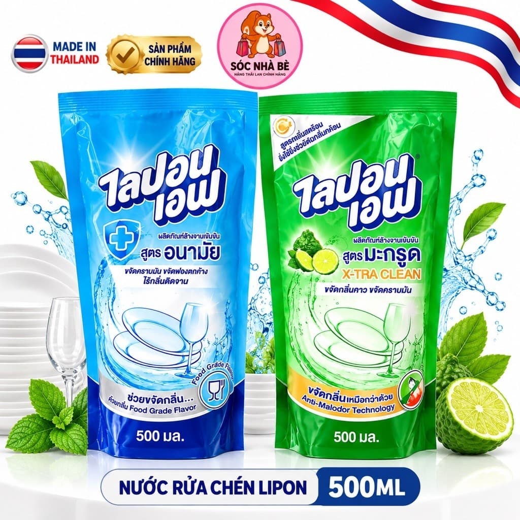 [ CHUẨN THÁI] NƯỚC RỬA CHÉN BÁT Thái Lan Lipon 500ml không mùi, an toàn cho da tay
