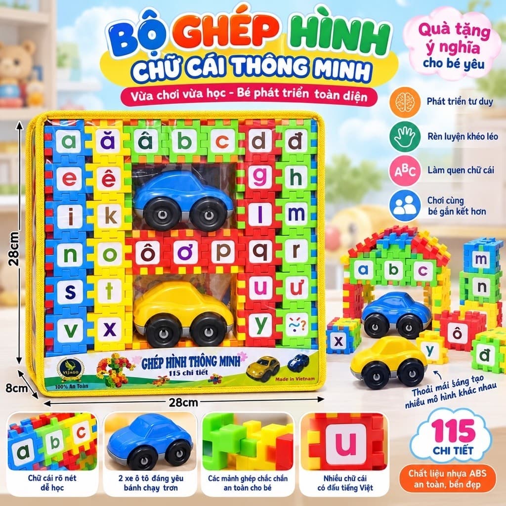 Bộ đồ chơi xếp hình chữ thông minh cho bé, kèm 2 xe oto , đồ chơi trí tuệ
