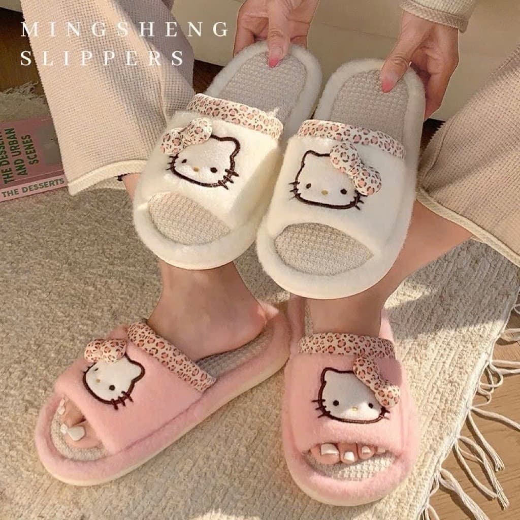 Dép Bông Hello Kitty Nơ Xinh Hở Mũi - Mềm Ấm, Êm Chân