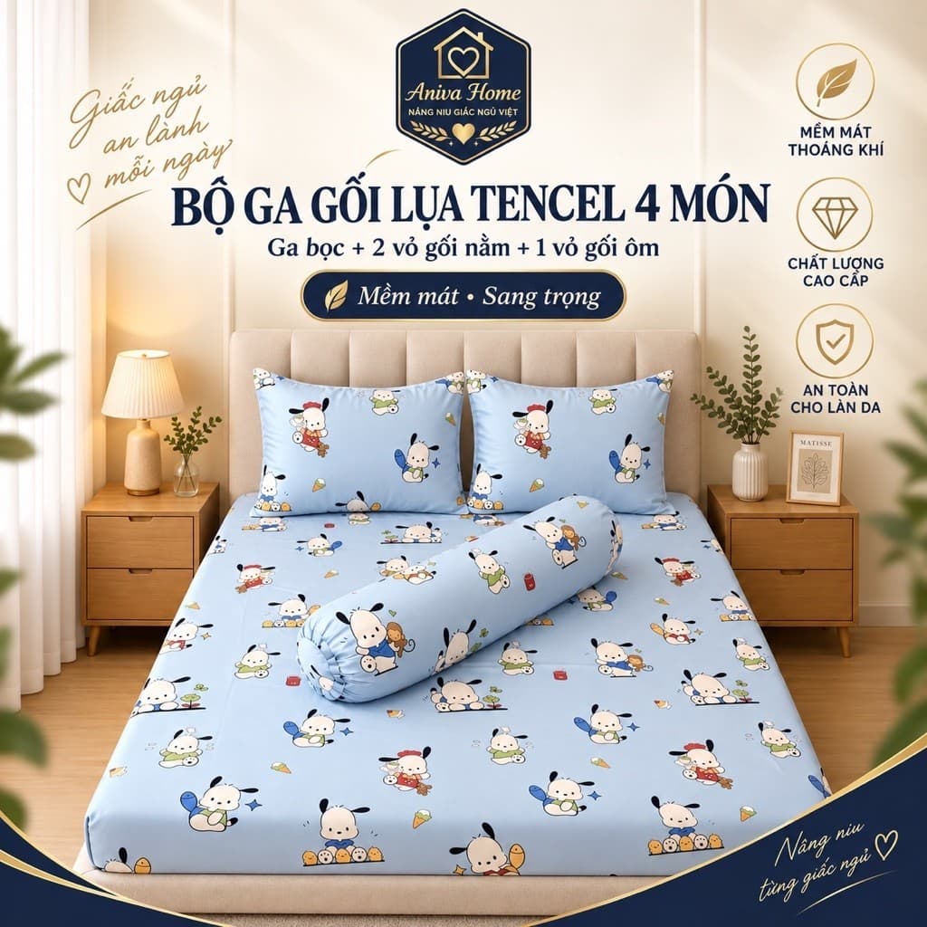 Bộ Ga Gối Lụa Tencel Aniva Home 4 Món Mềm Mịn Thoáng Mát, Ga Bọc Đủ Size 1m–1m8, Nệm Cao 5–25cm