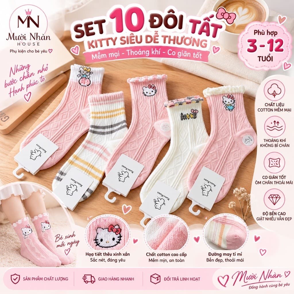 Set 10 Đôi Tất Kitty Hồng Mẫu Mới 2026 Cho Bé, Tất Len Tăm Dày Dặn Dễ Thương