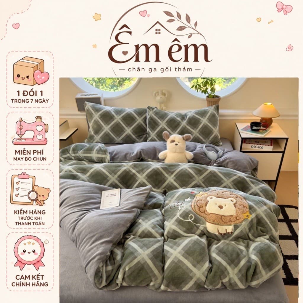 Bộ chăn ga nỉ nhung hình thú đính lông 4 món hoạ tiết thêu nổi 5D với chất vải nỉ mịn,mềm mại và ấm áp hoạ tiết cute