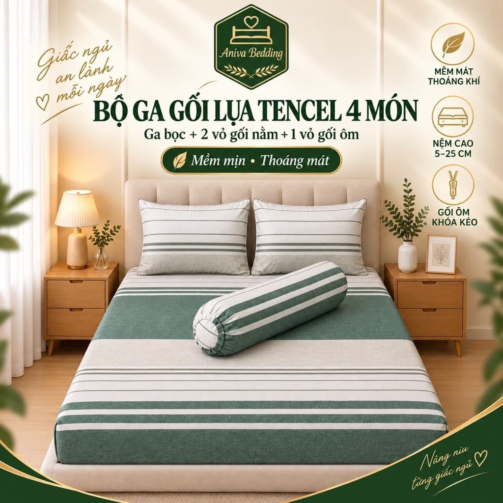Bộ Ga Gối Lụa Tencel 4 Món Aniva Bedding Mềm Mịn Thoáng Mát, Đủ Size, Cho Nệm Cao 5–25cm