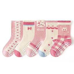 Bộ 5 Đôi Tất Chống Trượt Cho Bé Gái Thỏ Hồng Cotton Mềm Mại, Tất Trẻ Em Dễ Thương Thoáng Khí 6