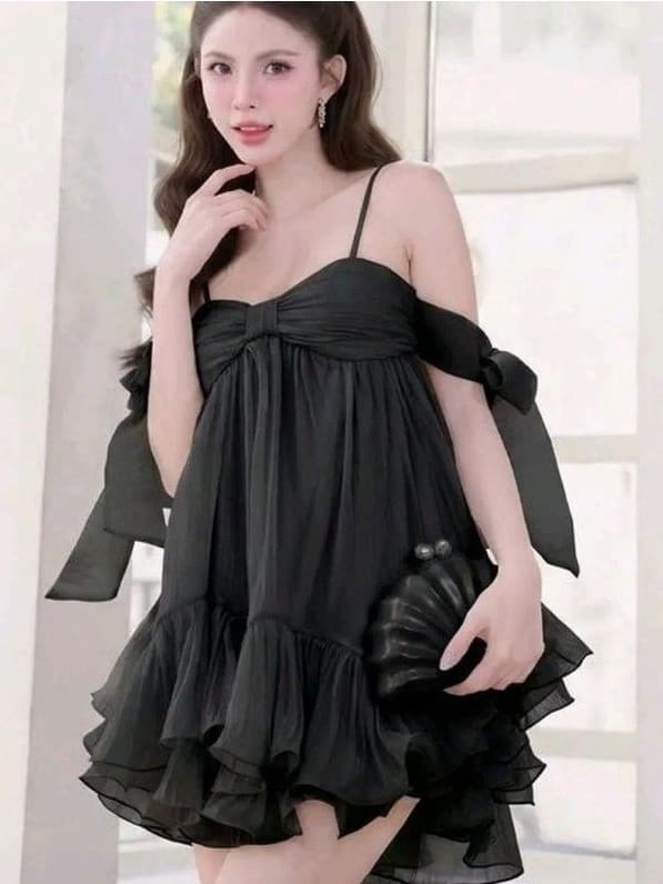 [Hàng Thanh Lý] Đầm voan đen bồng bềnh, buộc nơ freesize