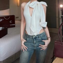 (Dmina) Áo bodysuit cổ yếm xẻ V cột nơ tôn V1 sang chảnh basic dễ phối đồ 2