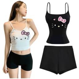 [ MỞ BÁN GIẢM 60% ] Bộ pyjama nữ 2 dây tôn dáng: Quần legging ĐÙI + Áo 2 dây ĐỆM mút -  hình mèo ĐƠN GIẢN 1