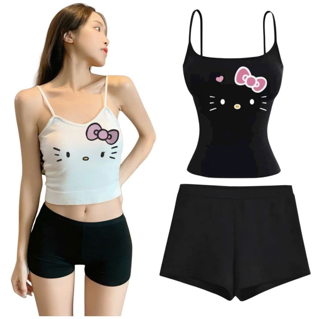 [ MỞ BÁN GIẢM 60% ] Bộ pyjama nữ 2 dây tôn dáng: Quần legging ĐÙI + Áo 2 dây ĐỆM mút -  hình mèo ĐƠN GIẢN