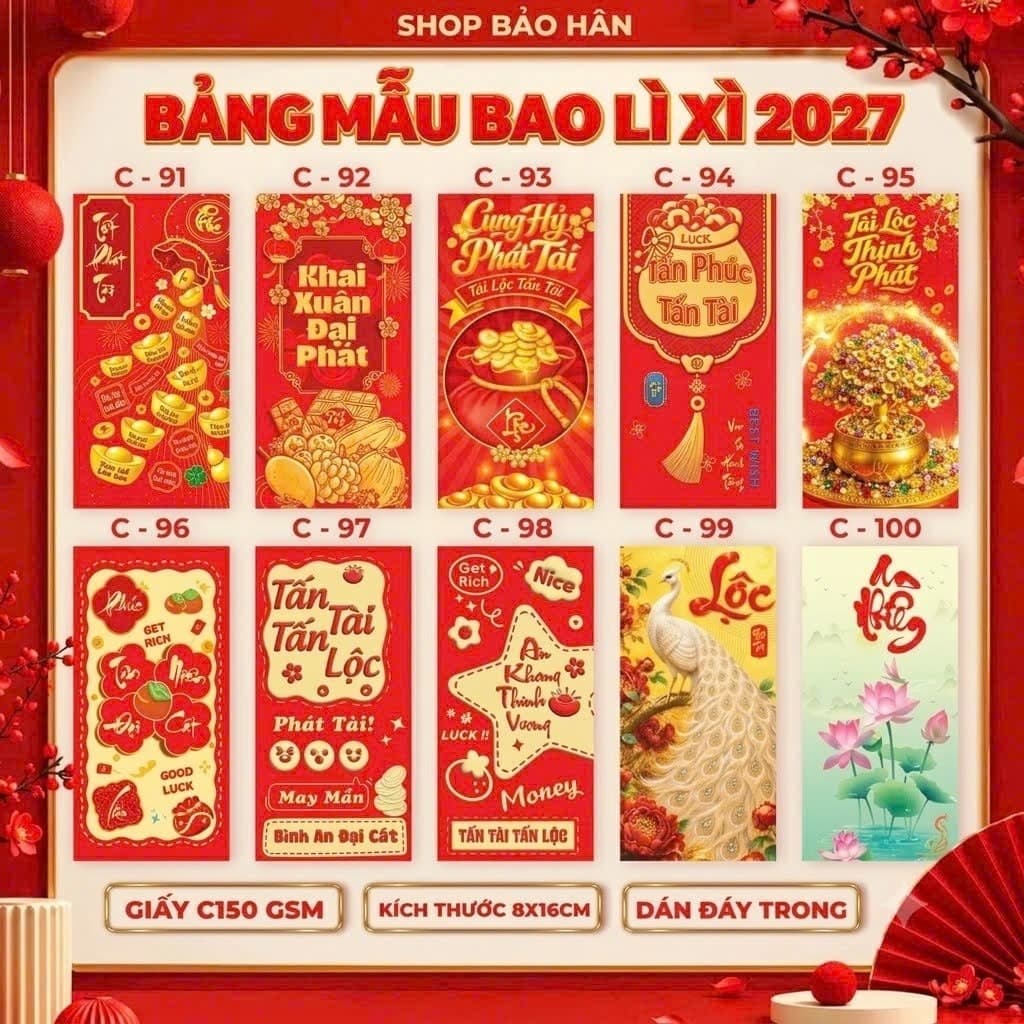 Sỉ 100/200/300 bao lì xì 2027 năm Đinh Mùi, bao lì xì Truyền thống 2027