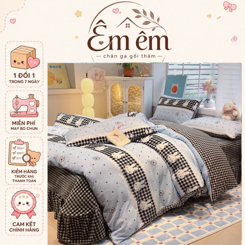 Bộ vỏ chăn,ga gối trần phủ bèo 4 món xinh xắn,vải nỉ nhung sữa mềm mịn chống tĩnh điện,vỏ chăn không kèm ruột êm êm shop