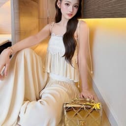 (Dmina) Set Tiểu Thư Áo 2 dây bí viền ren và quần ống suông tôn dáng sang chảnh 2
