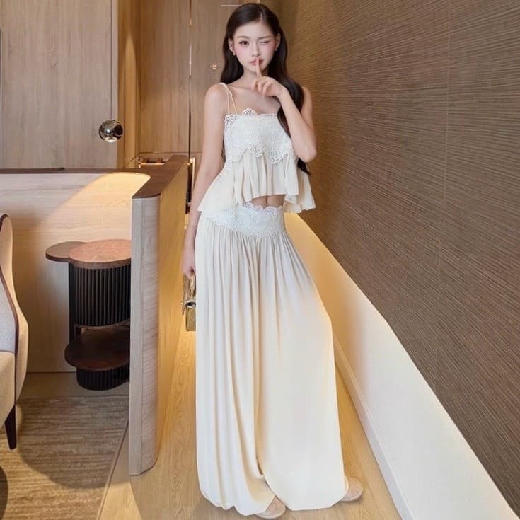 (Dmina) Set Tiểu Thư Áo 2 dây bí viền ren và quần ống suông tôn dáng sang chảnh
