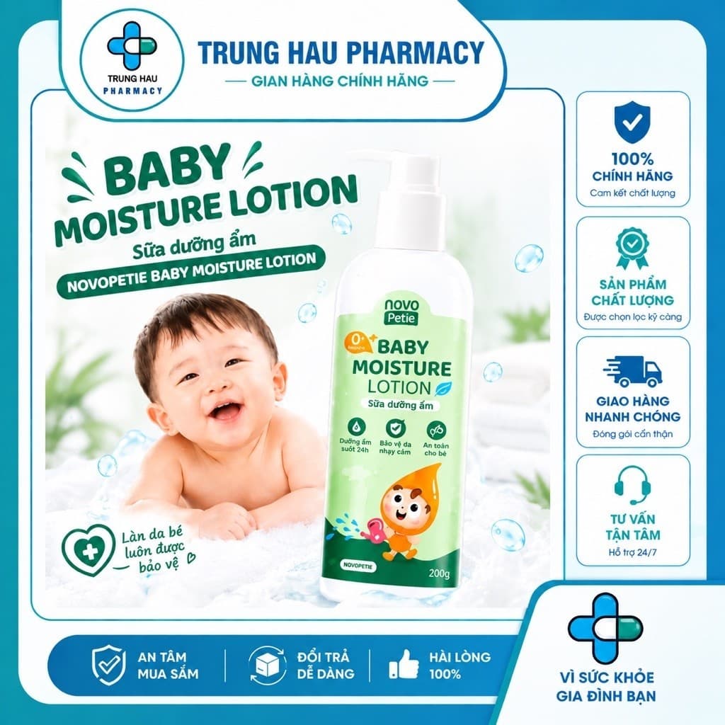 Sữa dưỡng ẩm Novopetie Baby Moisture Lotion 200g - Hỗ trợ củng cố hàng rào bảo vệ da, dưỡng ẩm cho bé