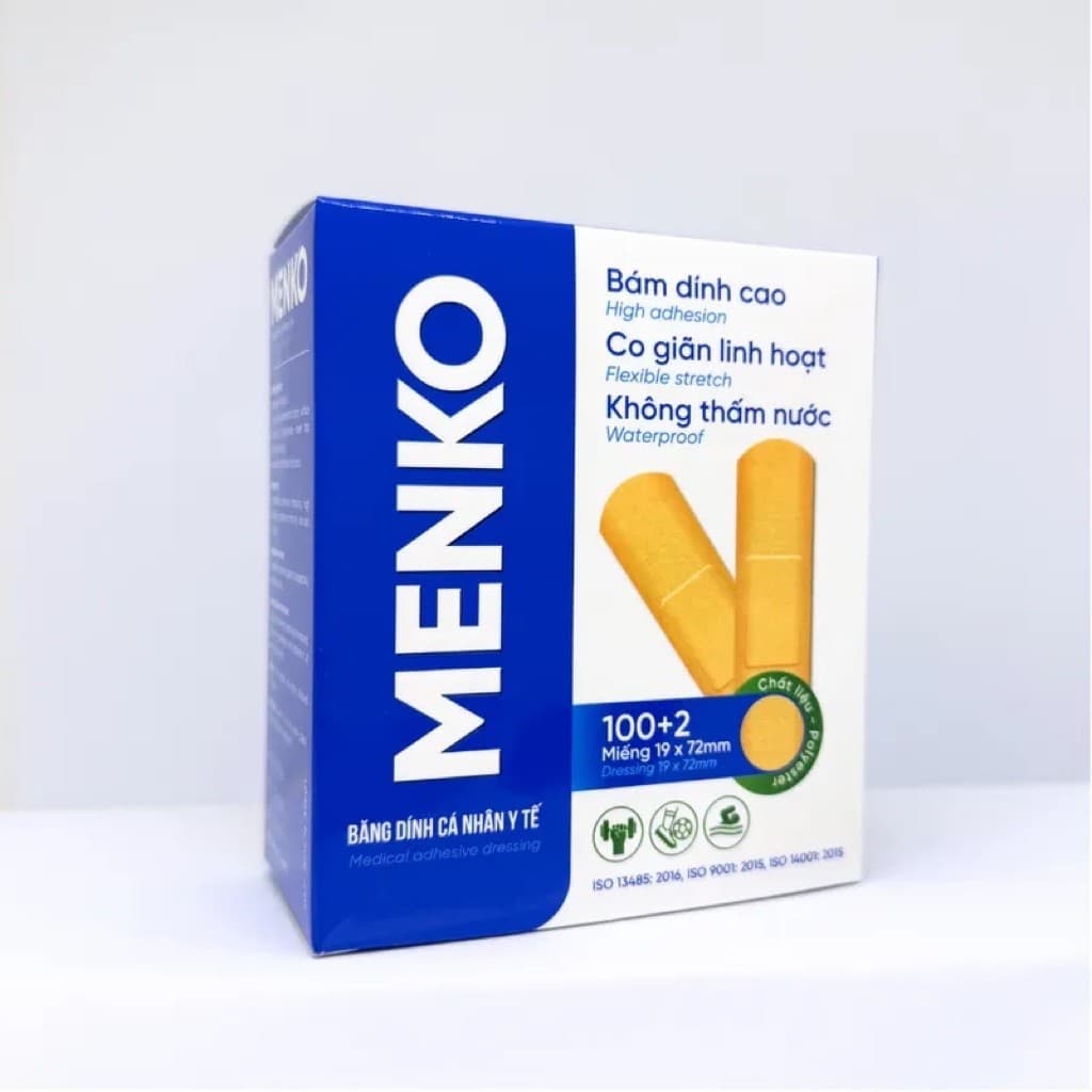 Băng dính cá nhân y tế MENKO - Miếng dán dính, co giãn linh hoạt chống thấm nước hộp 102 miếng