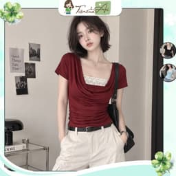 Áo Kiểu Nữ Cổ Đổ Phối Ren Rip Lụa Tay Ngắn Ôm Dáng 1