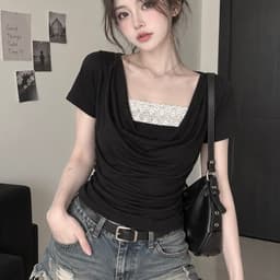 Áo Kiểu Nữ Cổ Đổ Phối Ren Rip Lụa Tay Ngắn Ôm Dáng 6