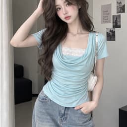 Áo Kiểu Nữ Cổ Đổ Phối Ren Rip Lụa Tay Ngắn Ôm Dáng 4