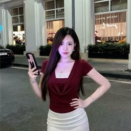 Áo Kiểu Nữ Cổ Đổ Phối Ren Rip Lụa Tay Ngắn Ôm Dáng 2
