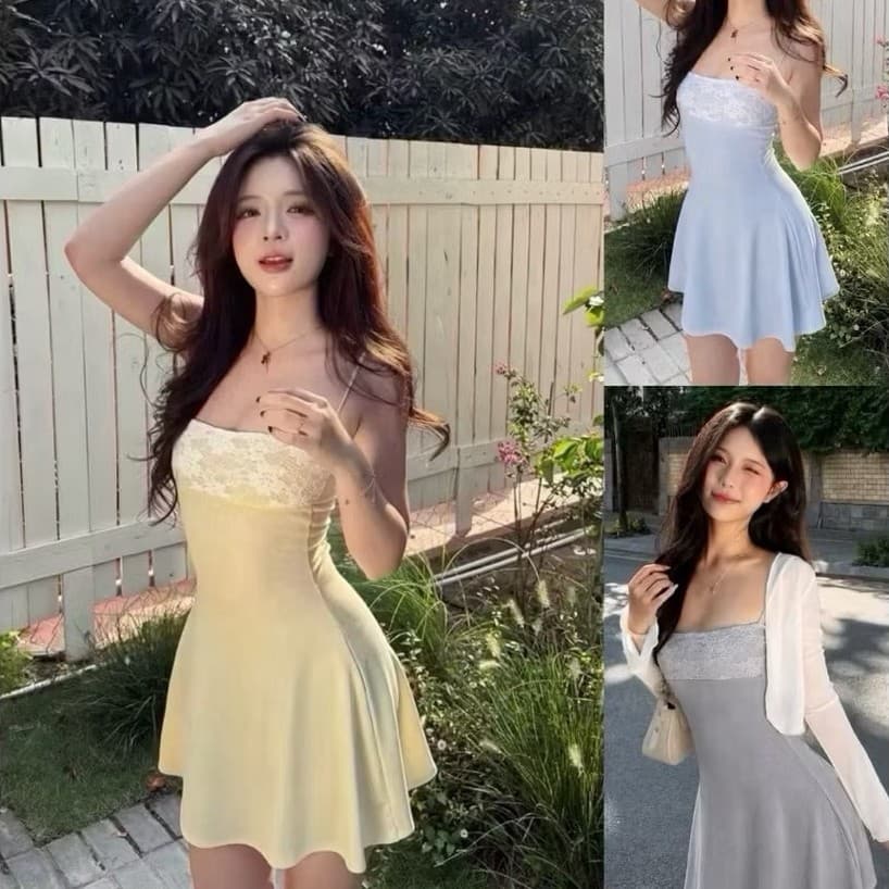 Đầm 2 Dây Nữ Pastel Phối Ren Đầm Tiểu Thư Dáng Xòe Mùa Hè Đi Chơi Chụp Ảnh