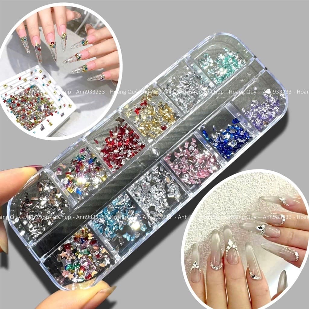 Hộp Chamr đá nhiều màu sắc, Nhiều kiểu dáng , Khoảng 1440 Chiếc, Đá đáy phẳng Sáng Bóng, Đồ Trang Tri Móng Tay...