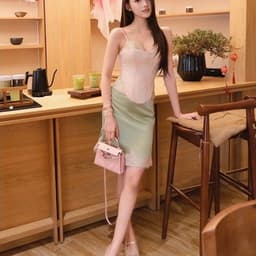 (Dmina) Set Lụa Gấm Thêu Áo Hai Dây phối viền ren siết eo và chân váy lụa gấm sang trọng tôn dáng 1