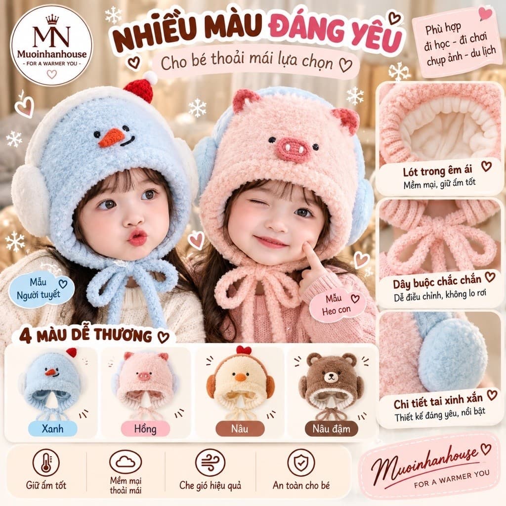 Mũ Len Dễ Thương Thu Đông Ấm Áp Dày Bảo Vệ Tai Cho Bé Trai ,Bé Gái