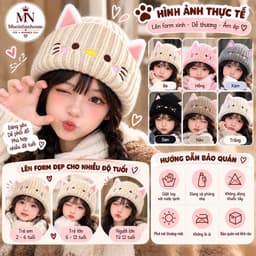 Mũ dệt kim nữ phong cách mới với họa tiết mèo hoạt hình dễ thương, ấm áp chống lạnh mùa thu đông 4