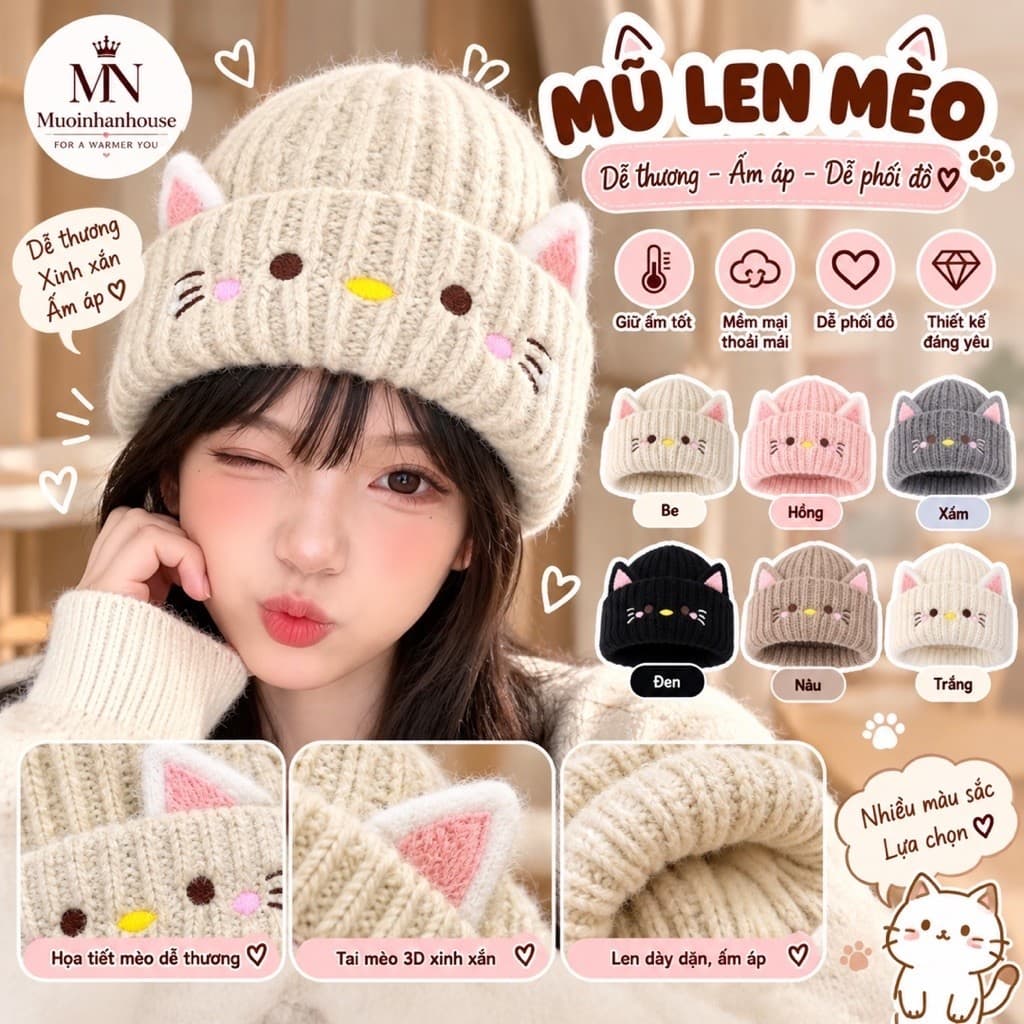 Mũ dệt kim nữ phong cách mới với họa tiết mèo hoạt hình dễ thương, ấm áp chống lạnh mùa thu đông