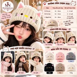 Mũ dệt kim nữ phong cách mới với họa tiết mèo hoạt hình dễ thương, ấm áp chống lạnh mùa thu đông 3
